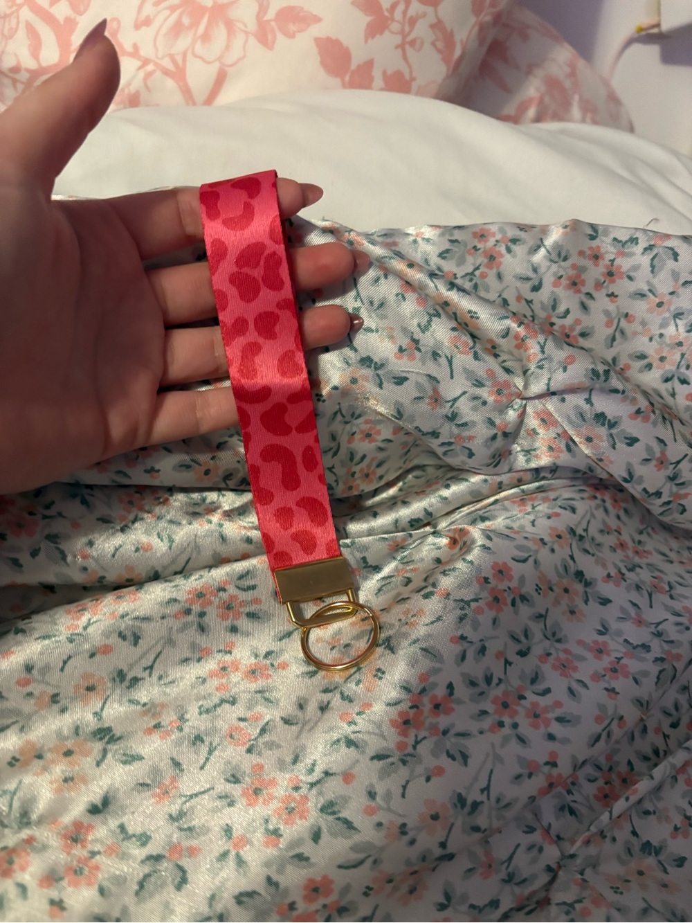Pink Leopard Print Wristlet Keychain with Gold Hardware